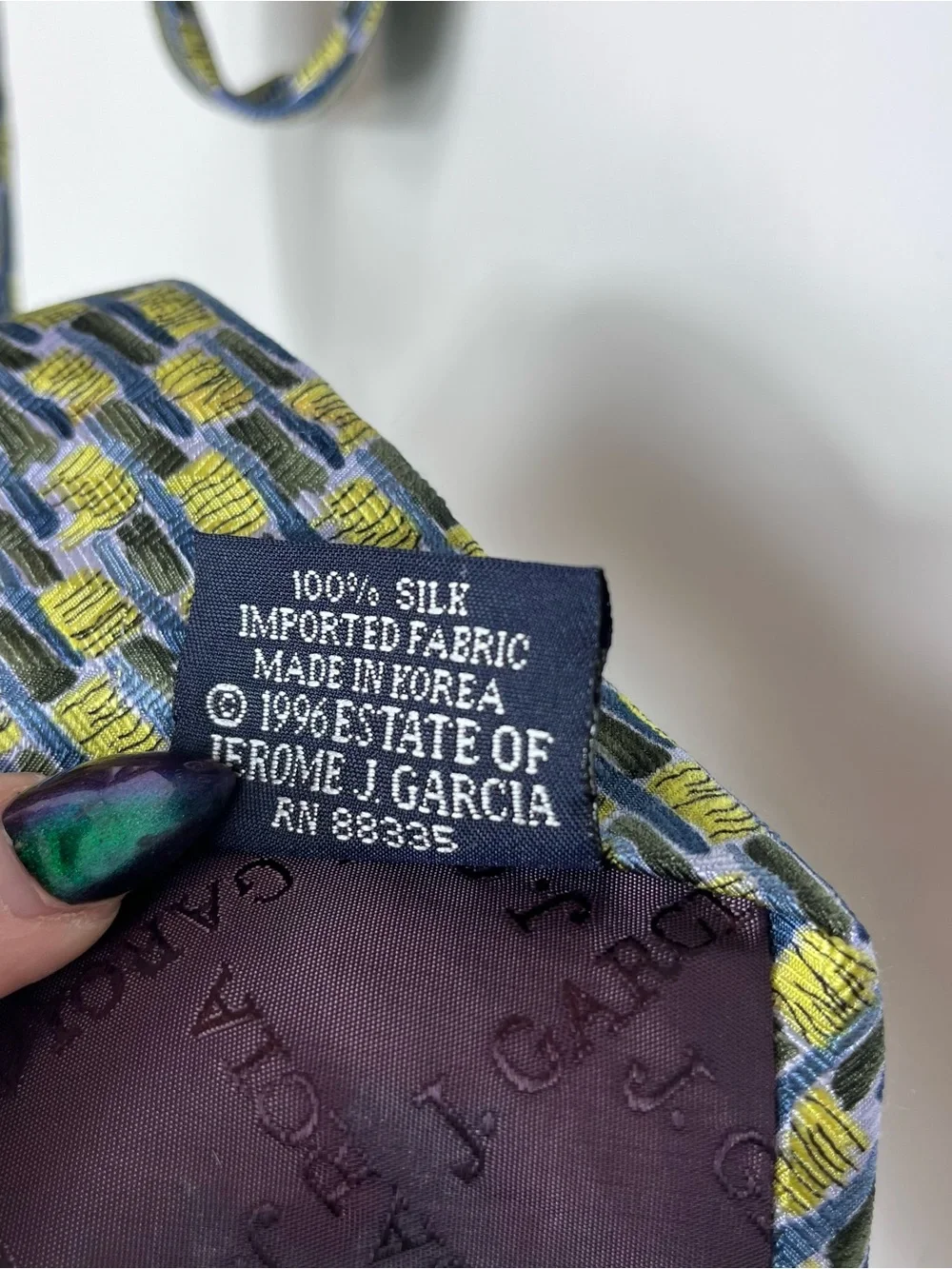 J Garcia Vintage Silk Tie Never Swat A Fly Patterned‎ Yellow and Blue Woven
